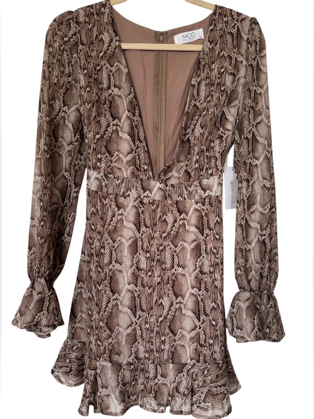 MOD ON TREND Brown Snake-Print Long Sleeve Mini Dress Ruffles Medium NEW Boho